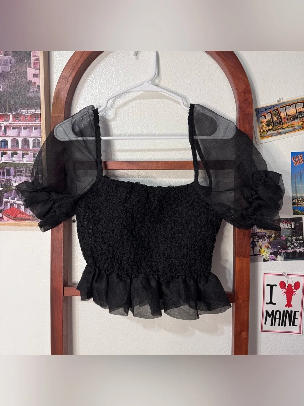 Staud Black Organza Puff Sleeve Crop Top